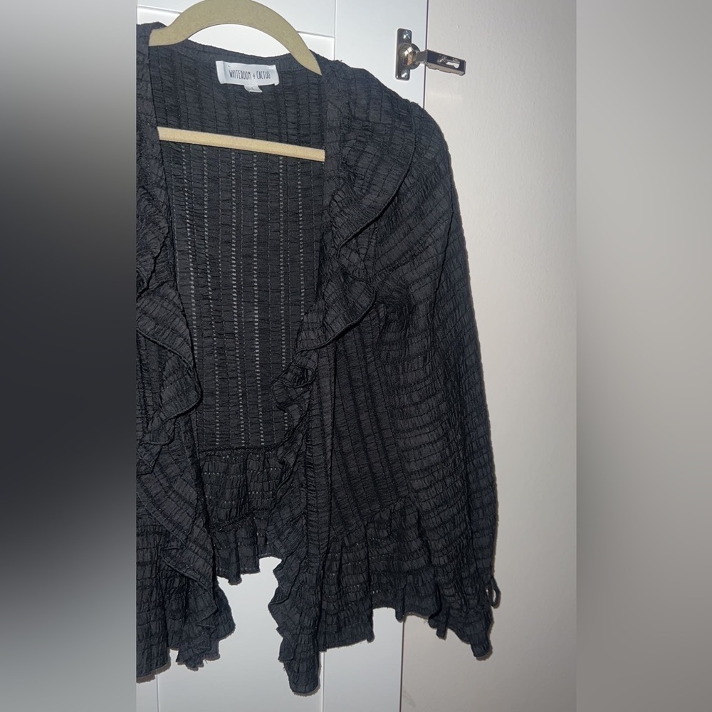 Black ruffle top, black shirt, dress shirt, black button up